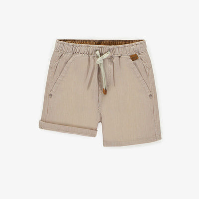 Short coupe décontractée en denim rayé beige/crème, enfant || Relaxed fit shorts in stretch beige/cream stripe denim, child
