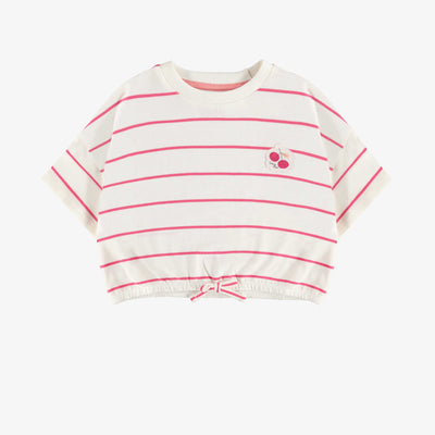T-shirt à manches courtes de coupe ample blanc à rayures en coton, enfant || Pink striped t-shirt with short sleeves and loose fit in cotton, child