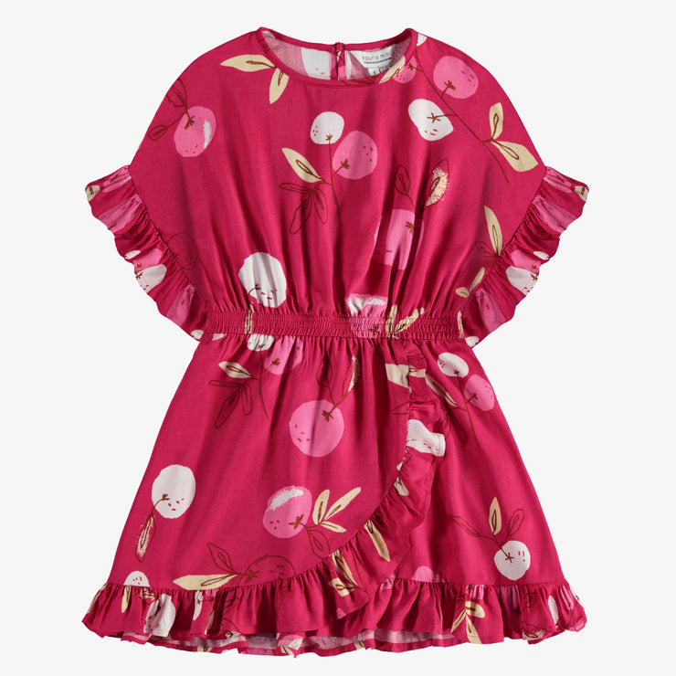 Robe coupe décontractée évasée manches courtes rose avec cerises, enfant || Pink short sleeves relaxed fit flared dress with cherries, child