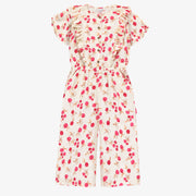 Une-pièce long à manches courtes crème à motif en viscose, enfant || Long cream one piece with short sleeves and print in viscose, child