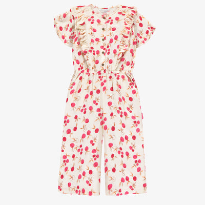 Une-pièce long à manches courtes crème à motif en viscose, enfant || Long cream one piece with short sleeves and print in viscose, child