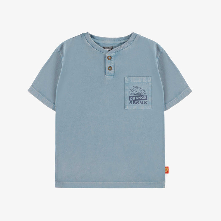 T-shirt à manches courtes bleu avec poche en coton, enfant || Blue short sleeves t-shirt with pocket in cotton, child