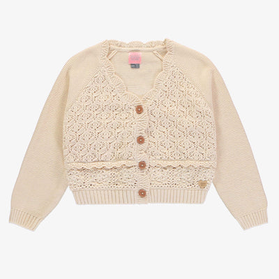 Veste de maille à manches longues crème en crochet, enfant || Cream long sleeves knit vest in crochet, child