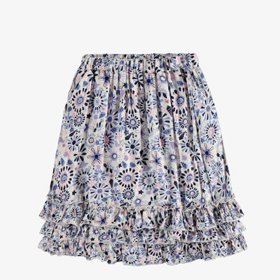 Jupe longue blanche à volants avec motif floral en viscose, enfant || Long white skirt with ruffles and a floral print in viscose, child