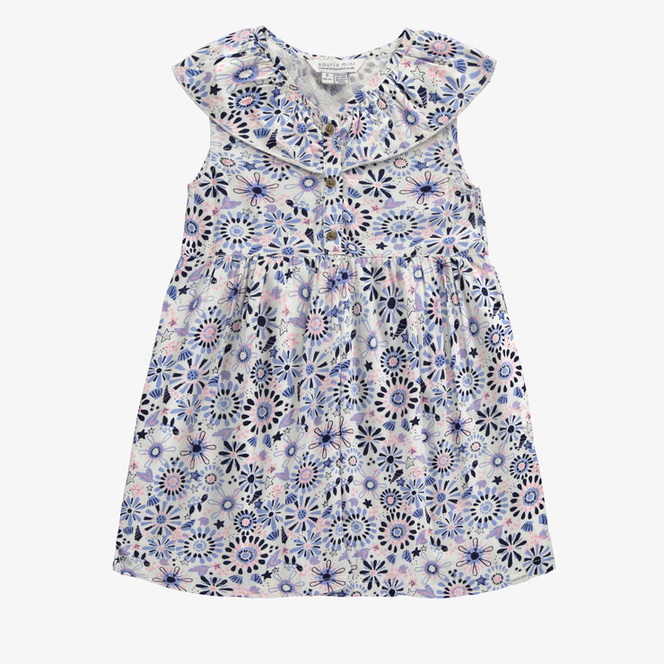 Robe coupe ajustée/évasée blanche avec motif floral en viscose, enfant || Slim fit flared white dress with floral print in viscose, child 