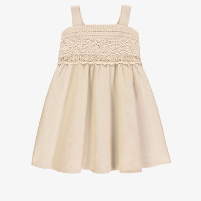 Robe de maille à bretelles larges crème avec crochet, enfant || Cream knitted dress with large straps with crochet, child
