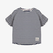 T-shirt à manches courtes de coupe décontractée blanc et marine rayé, enfant || White and navy striped short sleeves relaxed fit t-shirt, child