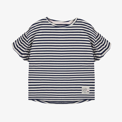 T-shirt à manches courtes de coupe décontractée blanc et marine rayé, enfant || White and navy striped short sleeves relaxed fit t-shirt, child