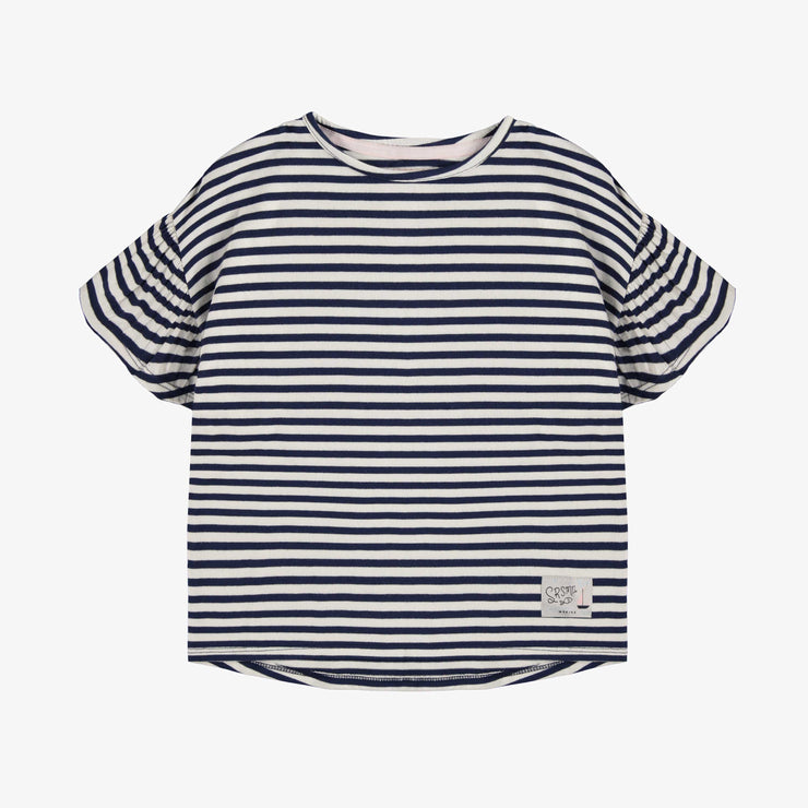 T-shirt à manches courtes de coupe décontractée blanc et marine rayé, enfant || White and navy striped short sleeves relaxed fit t-shirt, child