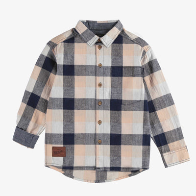 Chemise à manches longues orange et marine à carreaux en lin et coton, enfant || Orange and navy plaid long sleeves shirt in linen and cotton, child