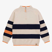 Chandail crème à manches longues coupe décontractée avec rayures marines, enfant || Long sleeves relaxed fit sweater with navy cream and orange stripes, child