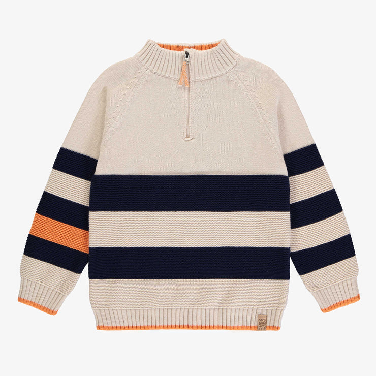 Chandail crème à manches longues coupe décontractée avec rayures marines, enfant || Long sleeves relaxed fit sweater with navy cream and orange stripes, child