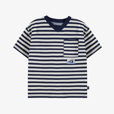 T-shirt à manches courtes de coupe décontractée blanc et marin à rayures, enfant || White and navy short sleeves relaxed fit T-shirt with stripes, child
