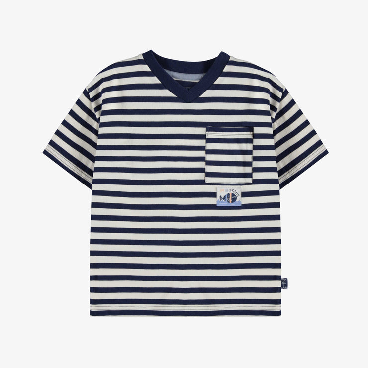 T-shirt à manches courtes de coupe décontractée blanc et marin à rayures, enfant || White and navy short sleeves relaxed fit T-shirt with stripes, child