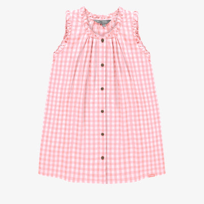 Robe à bretelles larges rose et blanche à carreaux en seersucker, enfant || Pink and white checkered dress with large straps in seersucker, child