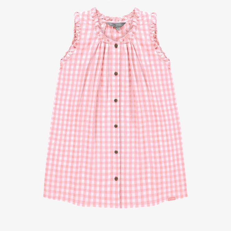 Robe à bretelles larges rose et blanche à carreaux en seersucker, enfant || Pink and white checkered dress with large straps in seersucker, child