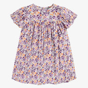 Robe évasée à manches courtes mauve fleurie en viscose, enfant || Purple flowery dress with short sleeves in viscose, child
