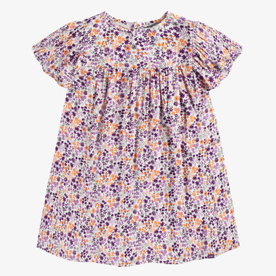 Robe évasée à manches courtes mauve fleurie en viscose, enfant || Purple flowery dress with short sleeves in viscose, child