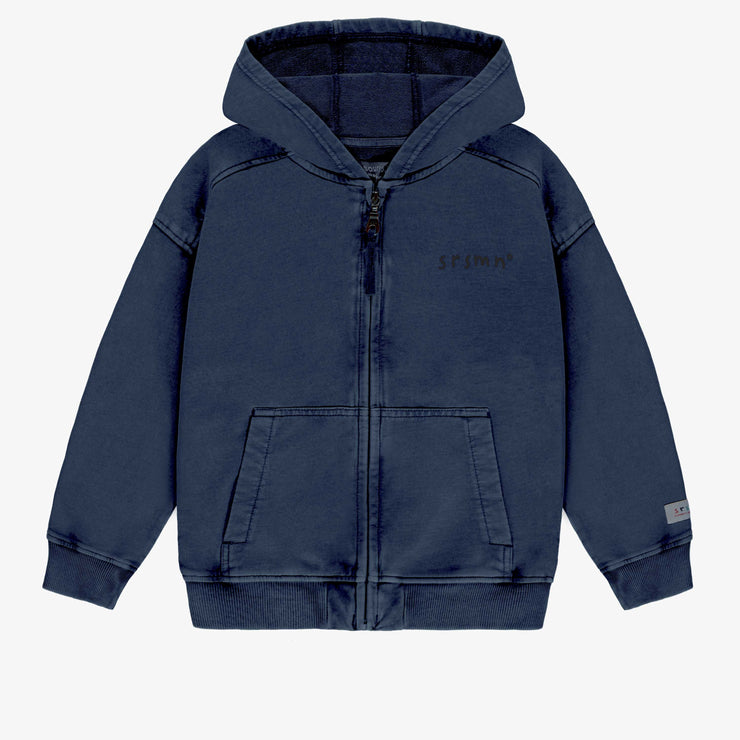 Chandail à capuchon et fermeture éclair marine en coton français, enfant || Navy hooded sweater with zipper in French terry, child