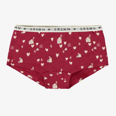 Culotte garçonne rouge à motif de cœurs crème en jersey extensible, enfant || Red boycut panties with cream hearts print in stretch jersey, child