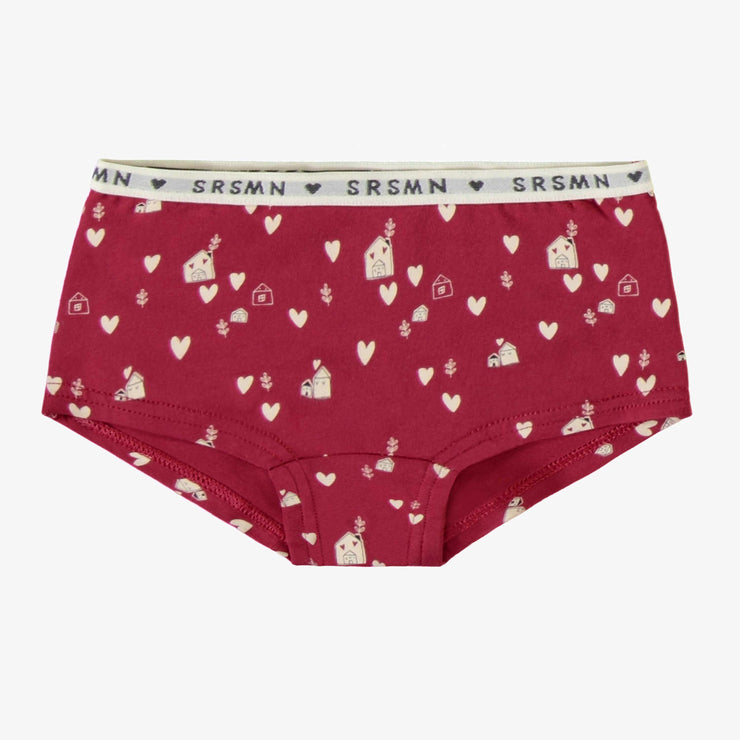 Culotte garçonne rouge à motif de cœurs crème en jersey extensible, enfant || Red boycut panties with cream hearts print in stretch jersey, child