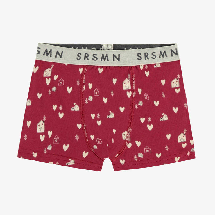 Boxer rouge à motif de cœurs crème en jersey extensible, enfant || Red boxer with cream hearts print in stretch jersey, child