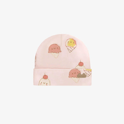 Bonnet rose pâle avec motif de crèmes glacées en coton biologique, naissance || Light pink hat with ice cream print in organic cotton, newborn