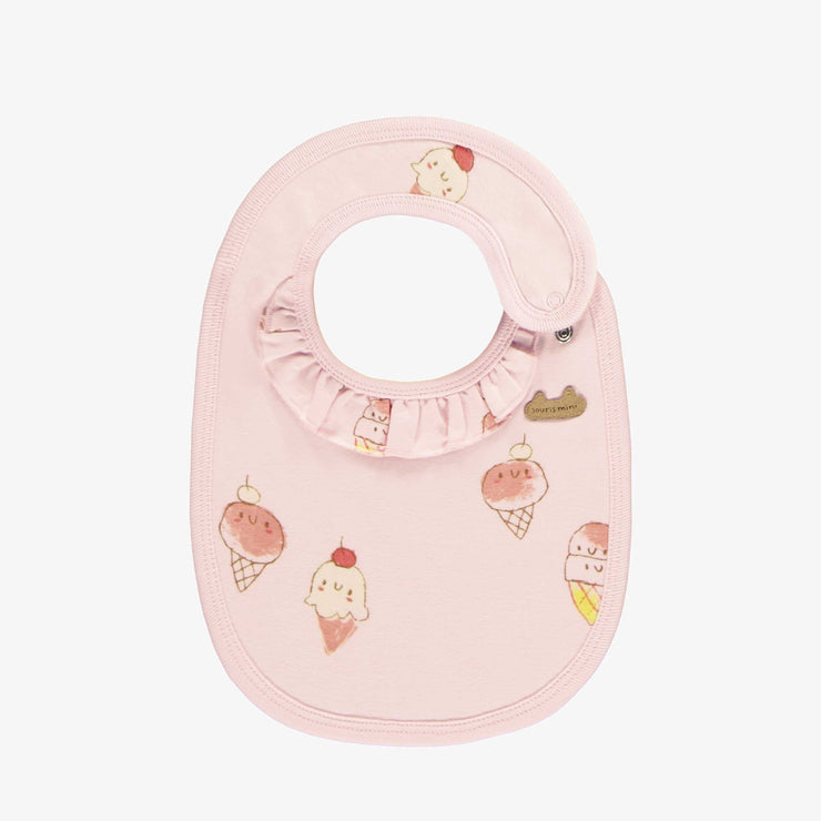 Bavoir rose pâle avec motif de crèmes glacées en coton biologique, naissance || Light pink bib with ice cream print in organic cotton, newborn