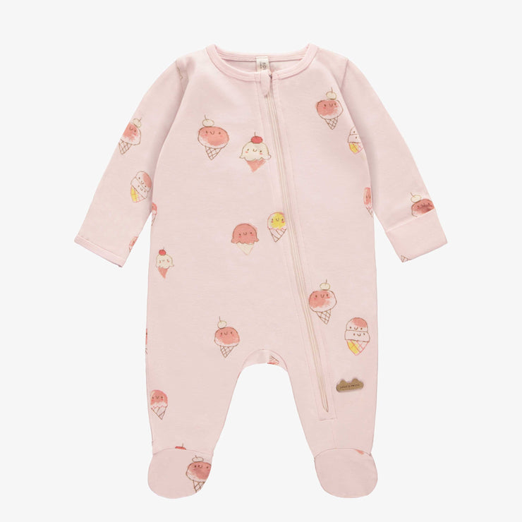 Pyjama rose pâle avec motif de crèmes glacées en coton biologique, naissance || Light pink pajama with ice cream print in organic cotton, newborn