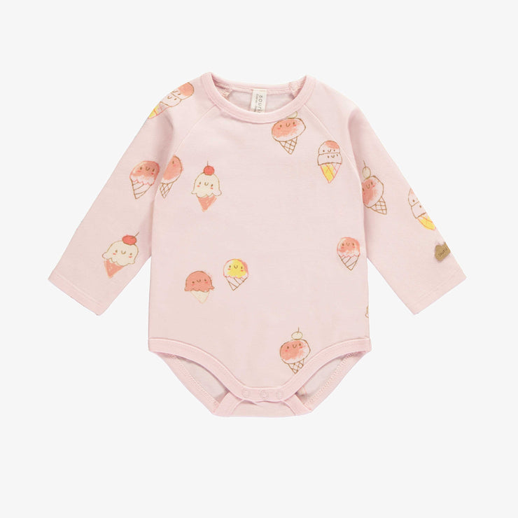 Cache-couche manches longues rose pâle à motif de crème glacées en coton biologique, naissance || Light pink long sleeved bodysuit with an ice cream print in organic cotton, newborn