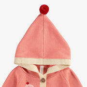 Veste de maille manches longues capuchon corail et crème à motif jacquard, naissance || Long sleeve knitted cardigan with coral and cream hood and jacquard pattern, newborn