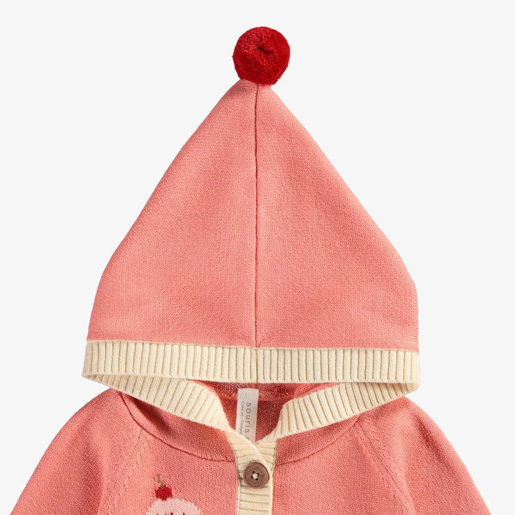 Veste de maille manches longues capuchon corail et crème à motif jacquard, naissance || Long sleeve knitted cardigan with coral and cream hood and jacquard pattern, newborn