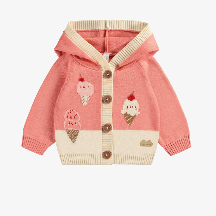 Veste de maille manches longues capuchon corail et crème à motif jacquard, naissance || Long sleeve knitted cardigan with coral and cream hood and jacquard pattern, newborn