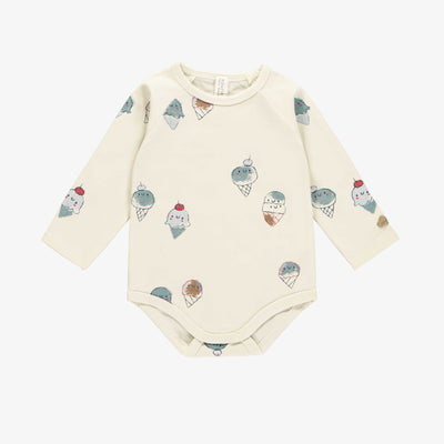 Cache-couche manches longues crème à motif de crème glacées en coton biologique, naissance || Cream bodysuit with ice cream print, in organic cotton newborn