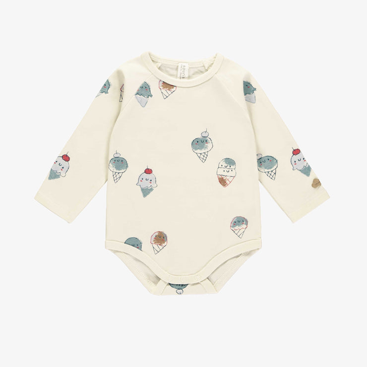 Cache-couche manches longues crème à motif de crème glacées en coton biologique, naissance || Cream bodysuit with ice cream print, in organic cotton newborn