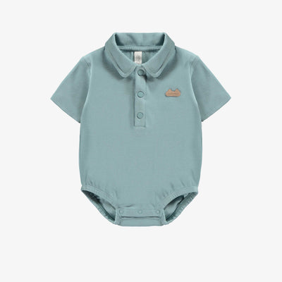 Cache-couche à manches courtes bleu en coton biologique, naissance || Blue bodysuit long sleeves in organic cotton, newborn