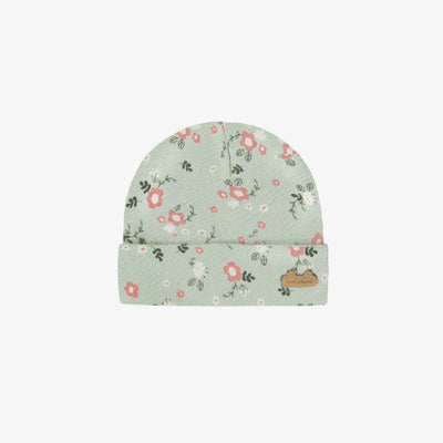 Bonnet vert clair fleuri en jersey biologique, naissance || Light green floral beanie in organic cotton, newborn