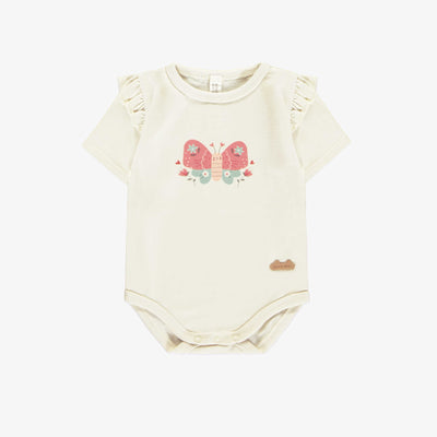 Cache-couche à manches courtes crème avec illustration de papillon, naissance || Cream bodysuit with short sleeves and an illustration of a butterfly, newborn
