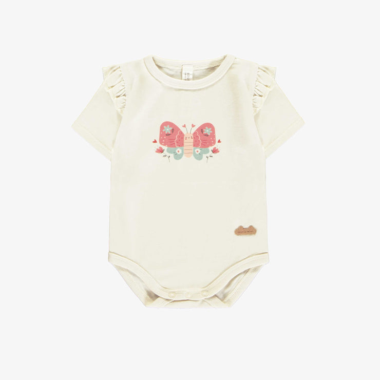 Cache-couche à manches courtes crème avec illustration de papillon, naissance || Cream bodysuit with short sleeves and an illustration of a butterfly, newborn