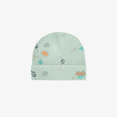Bonnet vert clair avec motif en jersey biologique, naissance || Light green beanie with print in organic jersey, newborn
