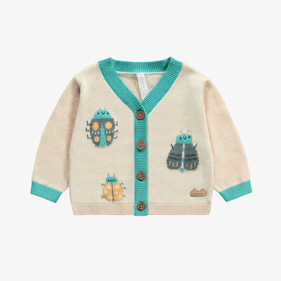 Veste de maille à manches longue crème avec motif jacquard d’insectes, naissance || Cream long sleeve knit vest with insect jacquard pattern, newborn