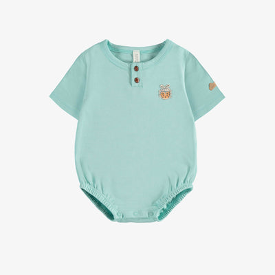 Cache-couche à manches courtes bleu en jersey gaufré , naissance || Blue bodysuit with short sleeves in waffle jersey, newborn