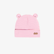 Bonnet à minces rayures mauves et crèmes en coton biologique, naissance || Purple and cream thin striped hat in organic cotton, newborn