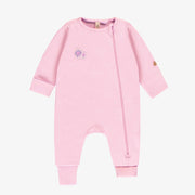 Pyjama à manches longues mauve et crème à rayures en coton biologique, naissance || Purple and cream one-piece long sleeved pajama with print, newborn