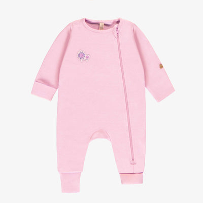 Pyjama à manches longues mauve et crème à rayures en coton biologique, naissance || Purple and cream one-piece long sleeved pajama with print, newborn