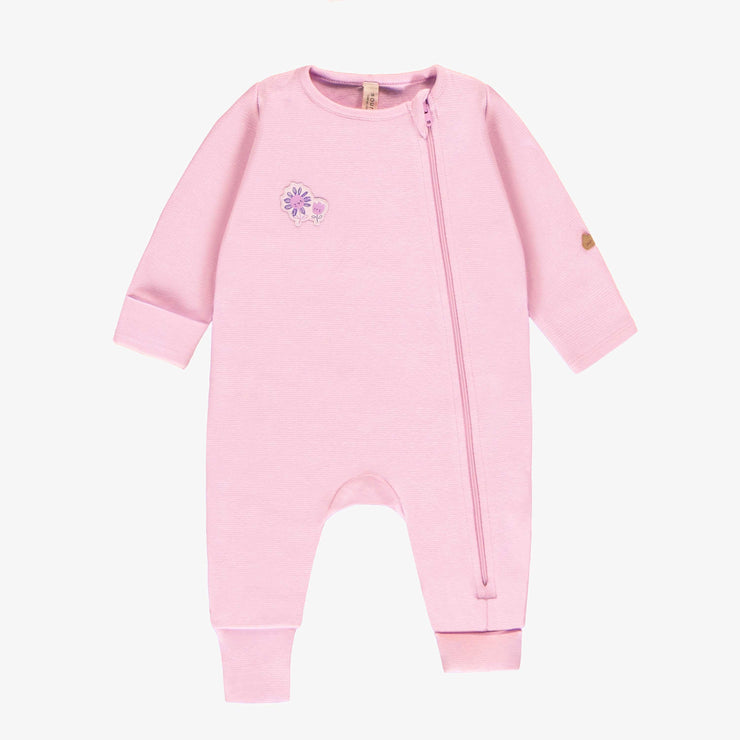Pyjama à manches longues mauve et crème à rayures en coton biologique, naissance || Purple and cream one-piece long sleeved pajama with print, newborn