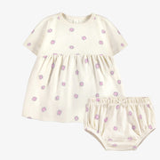 Robe manches courtes et bloomer crème fleurie en coton biologique, naissance || Cream floral short sleeves dress and bloomer in organic cotton, newborn