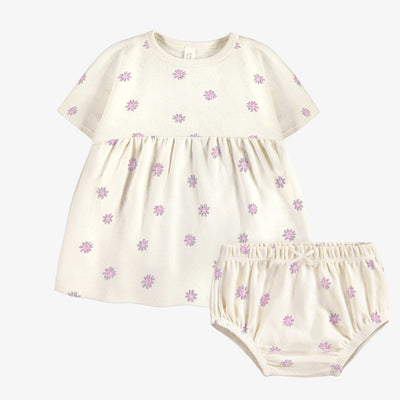 Robe manches courtes et bloomer crème fleurie en coton biologique, naissance || Cream floral short sleeves dress and bloomer in organic cotton, newborn