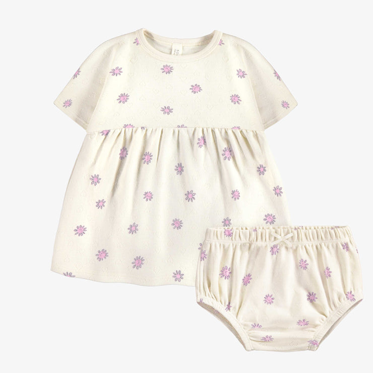 Robe manches courtes et bloomer crème fleurie en coton biologique, naissance || Cream floral short sleeves dress and bloomer in organic cotton, newborn