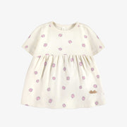 Robe manches courtes et bloomer crème fleurie en coton biologique, naissance || Cream floral short sleeves dress and bloomer in organic cotton, newborn